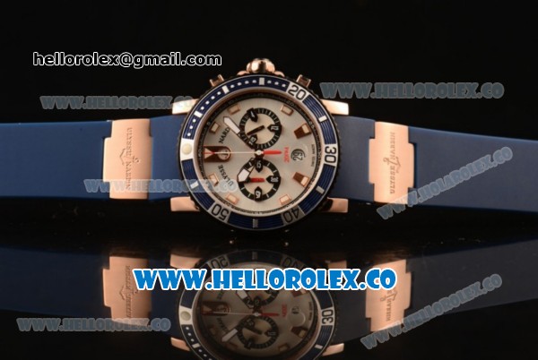 Ulysse Nardin Maxi Marine Diver Chronograph Miyota OS20 Quartz Rose Gold Case with Silver Dial White Markers and Blue Rubber Strap - Click Image to Close